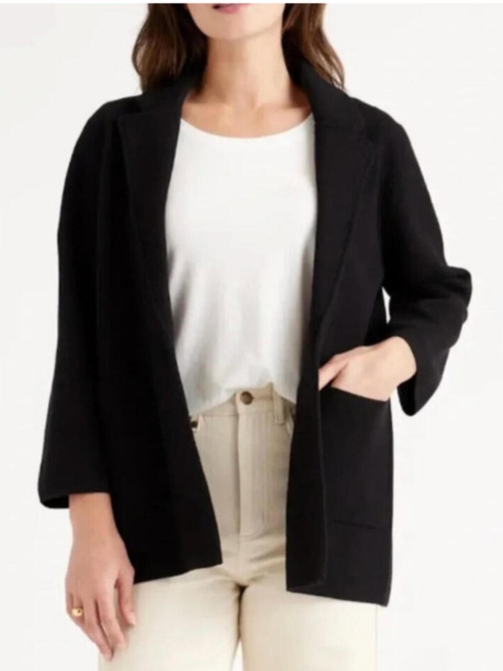 Quince 100% Organic Cotton Knit Blazer/Jacket Black Open-Front Pockets Size M